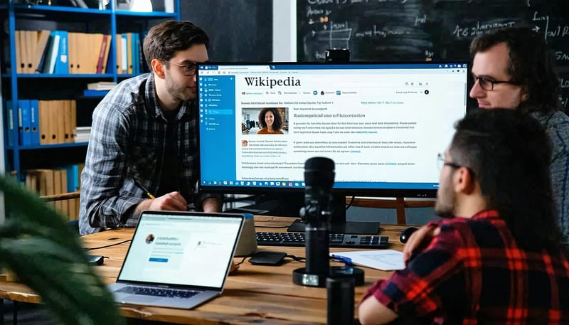 Professional team working on a Wikipedia page creation